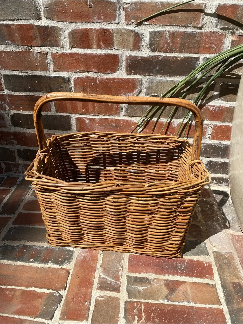 Vintage Woven Rattan Gathering Basket with Bamboo Handle in Natural Brown